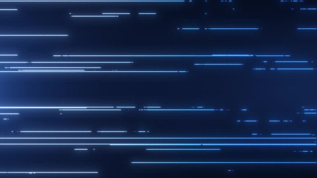 Modern background design with smoothly moving horizontal lines. Light stripes on a blue background. Abstract digital background with transforming lines and particles. 3D, 4K, seamless loop