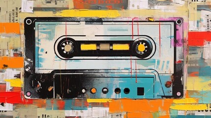Naklejka premium Generative AI, Grunge audio tape cassette, pop art graffiti, vibrant color. Ink melted paint street art on a textured paper vintage background 