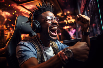 happy black man esports player in headphones smiles while playing at computer at the cybersport championship