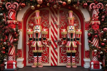 Fototapeta premium Nutcrackers standing guard at a candy cane gateway.