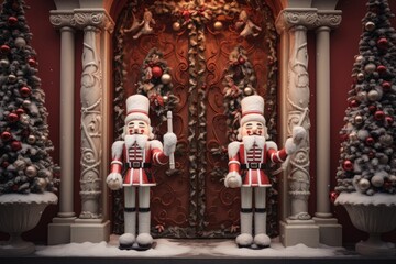 Nutcrackers standing guard at a candy cane gateway.