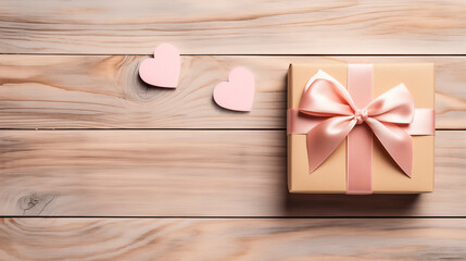 Gift box with a light pink bow on a light colored wooden background. A gift for Valentine's Day or birthday.