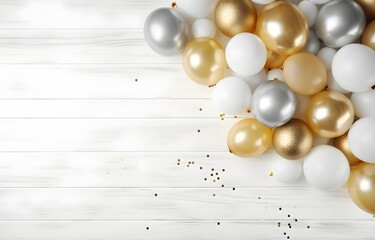 white, silver and golden balloon with glitter on white wooden floor for holiday birthday card decor soft light top view