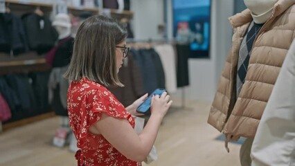 Gorgeous latina woman with glasses indulges in retail therapy, snapping up a fashion sale at a boutique. she's on her phone, hunting for the best deals!