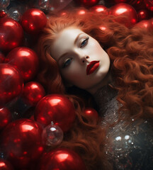 Woman with red makeup is laying around christmas balls.