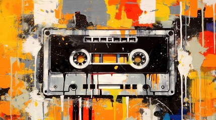 Generative AI, Grunge audio tape cassette, pop art graffiti, vibrant color. Ink melted paint street art on a textured paper vintage background	 - obrazy, fototapety, plakaty