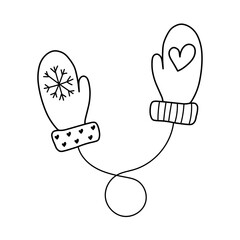 Insulated mittens on a string with a snowflake and a heart. For decoration, coloring, single object