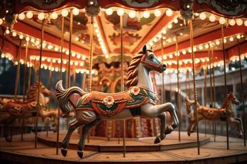 Deurstickers Festive carousel with flying reindeer instead of horses.  © OhmArt