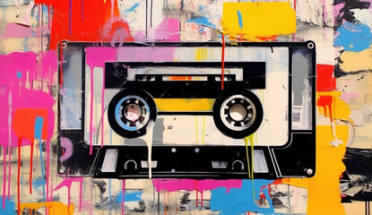 Generative AI, Grunge audio tape cassette, pop art graffiti, vibrant color. Ink melted paint street art on a textured paper vintage background	 - 679574110