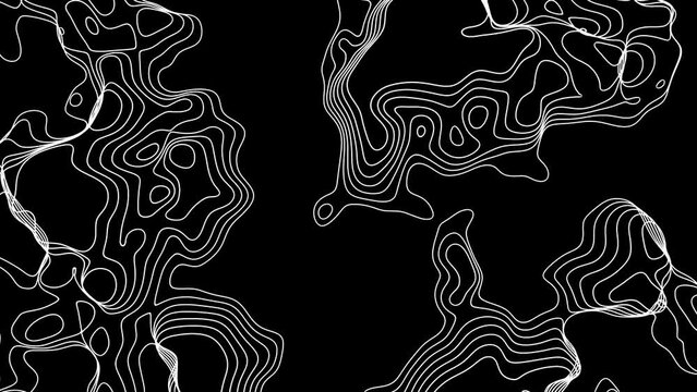 Abstract animated outline topographic contour map. Moving waves on black background. 4K looped animation..