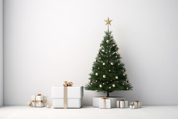 Christmas tree, presents, gifts and decoration in modern living room. White mockup wall. Festive Christmas and New year background