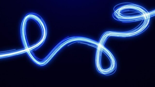 Light lines are curves. Glowing beam of light. blue futuristic particle flow. Bright neon glowing fast moving streams of light along a trajectory. Abstract background