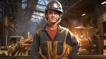 Hombre trabajador de pie con los brazos en jarra y casco en la cabeza, posando con ropa de trabajo en su puesto de trabajo en una nave industrial - obrazy, fototapety, plakaty