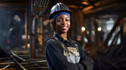 Ingeniero mujer afroamericana sonriendo de pie y con brazos cruzados y  casco con ropa de trabajo posando en un taller de metal industrial