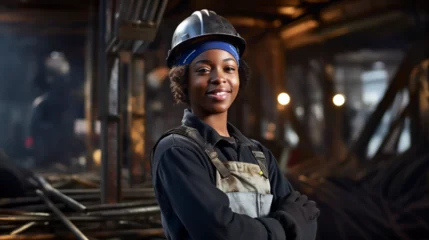 Foto op Plexiglas Ingeniero mujer afroamericana sonriendo de pie y con brazos cruzados y  casco con ropa de trabajo posando en un taller de metal industrial © BONI