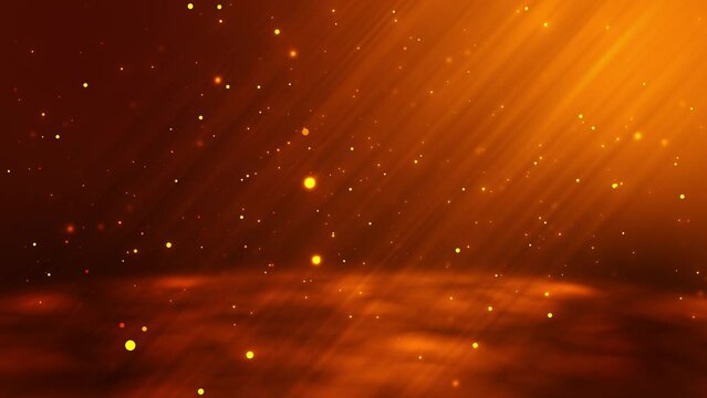 Abstract orange particles background. Beautiful flying glowing particles, rain of dots. Particles fall and bounce off the floor. beautiful bokeh. Spotlight or rays of light. Seamless loop 4k animation