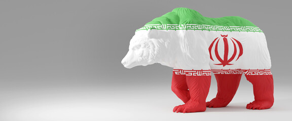 Horizontal banner of a bear with Iran flag on plain empty grey background. Presentation background image with copy space represents Iran bear stock market. 3d rendering