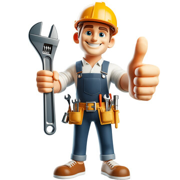 Smiling builder cartoon character, showing thumbs up, 3d style, isolated, transparent PNG