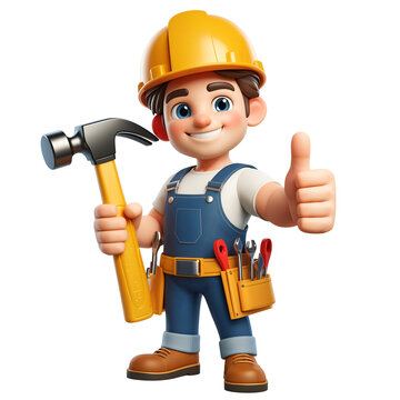 Smiling builder cartoon character, showing thumbs up, 3d style, isolated, transparent PNG