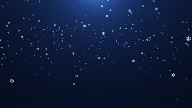 Flying snow and snowflakes on a blue background. 4K motion graphics. snowfall overlay, background - winter, effect of slowly falling snow. Abstract snowflakes. seamless loop. winter weather animation.