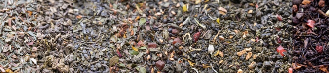 Variety of black, green and herbal tea banner. Natural large tea for brewing. - obrazy, fototapety, plakaty