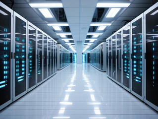 Modern data center with large cabinets. Data servers standing in a large room. 