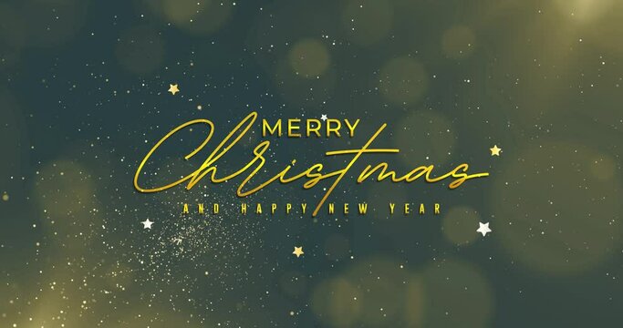 Merry Christmas and Happy New Year Animation Text with bokeh, gold, snowflakes, stars, lights and ornaments