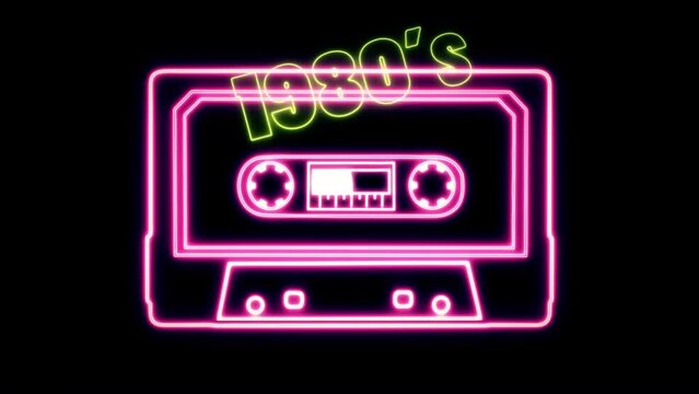 A retro cassette tape outline appearing on the screen, accompanied by flashing text reading 1980s, in a neon vaporwave retrofuturistic style featuring vibrant pink and yellow hues.
