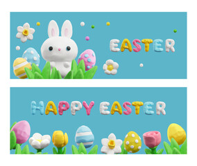 3D Happy Easter holiday greeting plasticine design with spring blossom, Easter painted eggs, flowers rabbit vector set
