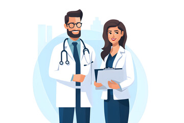 Fototapeta premium Male and female wearing a gown. There is stethoscope hanging and hold document filed, white background, cartoon image.