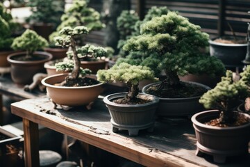 Side front view of bonsai trees in pots outdoors on a sunny morning light.