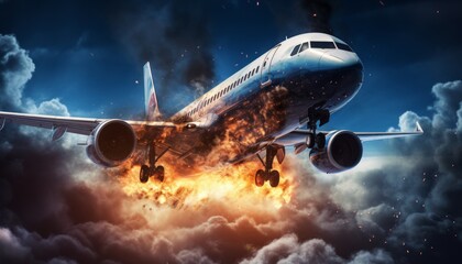 A large aircraft engulfed in flames flying through clear daytime sky as a safety concept