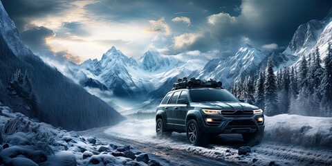 4x4 SUV rides on adventure journey in mountains in winter off-road with snow and snowdrifts