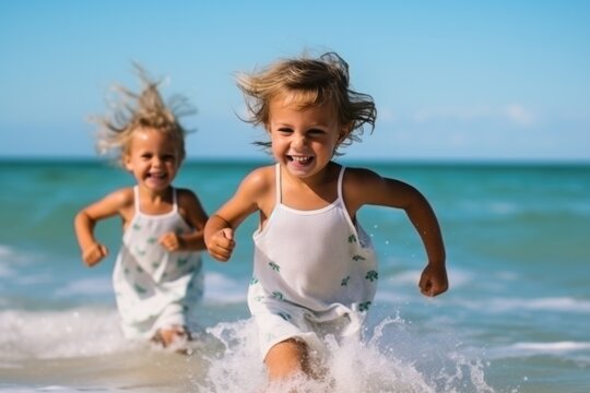 A Cute diverse boy and little girl running and splashing together in the ocean. AI Generated