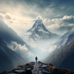 Man walking on the path to mount Matterhorn in the clouds,Generative AI
