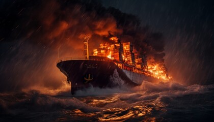Blazing cargo ship braving stormy night on the ocean   symbolizing safety and resilience - obrazy, fototapety, plakaty