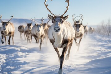 Reindeer with jingle bell collars prancing through a snowy meadow.