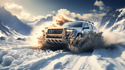 4x4 SUV rides off-road with snowdrifts in race competition in winter in the mountains - obrazy, fototapety, plakaty