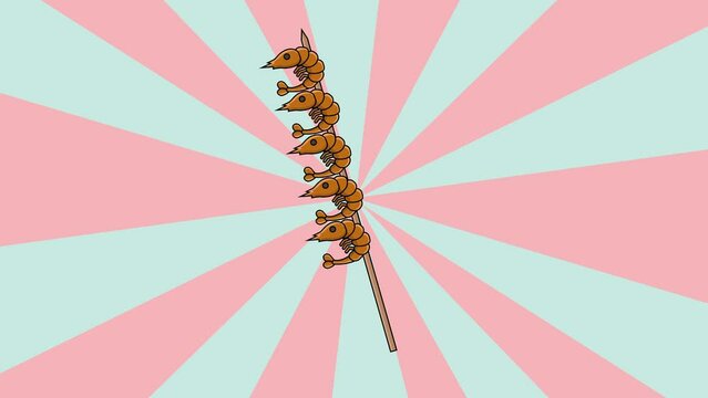 Animated shrimp satay icon with a rotating background