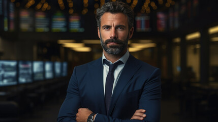 Fototapeta premium confident handsome businessman on the stock exchange, stylish man, guy, office, banker, work, financier, broker, investor, portrait, face, suit, financial sector, corporation, boss, director, manager