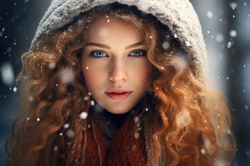 young pretty smiling woman in winter while snow fall