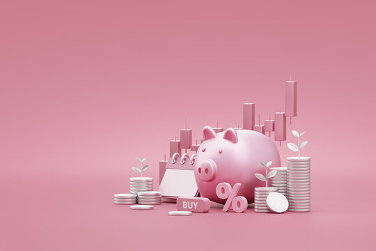 Growth money stock investment finance business financial currency cash coin banking economy concept on 3d savings background of wealth piggy account retirement invest profit deposit planning budget.