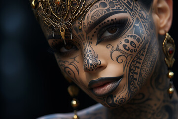 Face of a black woman adorned with intricate facial tattoos a blend of traditional and contemporary styles.