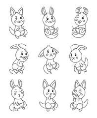 Cute kangaroo character. Coloring Page. Kawaii marsupial mammal different poses and emotions, love, joy, sadness, anger. Vector drawing. Collection of design elements.