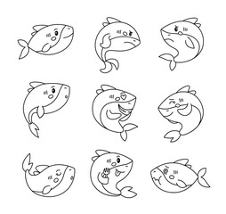 Cute shark character. Coloring Page. Kawaii cartilaginous fish different poses and emotions, love, joy, sadness, anger. Vector drawing. Collection of design elements.
