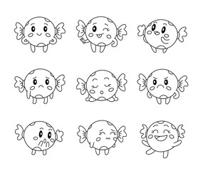Cute candy character. Coloring Page. Kawaii sweet treat different poses and emotions, love, joy, sadness, anger. Vector drawing. Collection of design elements.