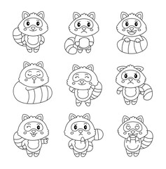 Cute raccoon character. Coloring Page. Kawaii predatory mammal animal different poses and emotions, love, joy, sadness, anger. Vector drawing. Collection of design elements.