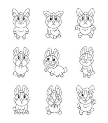 Cute corgi character. Coloring Page. Kawaii dog pet animal different poses and emotions, love, joy, sadness, anger. Vector drawing. Collection of design elements.