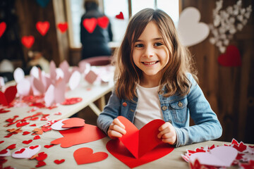 Smiling girl making paper valentine decorations for party in school class