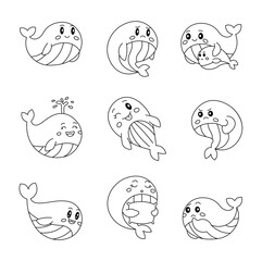 Cute whale character. Coloring Page. Kawaii aquatic mammal animal different poses and emotions, love, joy, sadness, anger. Vector drawing. Collection of design elements.